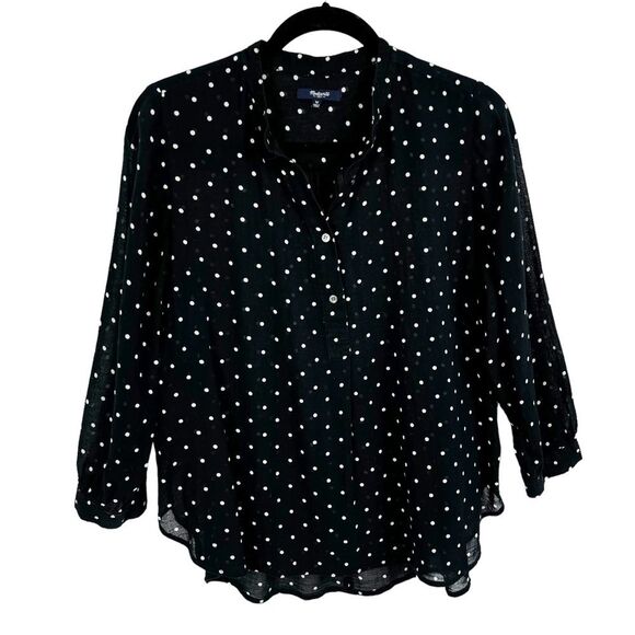 Madewell Black White Polka Dot Shirred 3/4 Sleeve Popover Peasant Blouse Medium - Picture 2 of 9